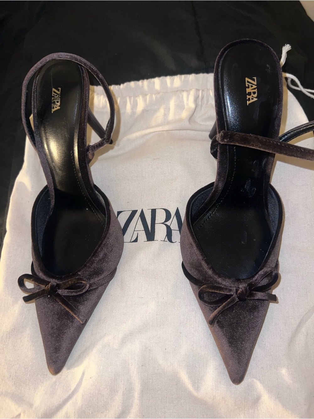 Zara Velvet Pointed Slingback Pumps in Dark Brown. Size 6.5/37. Like new